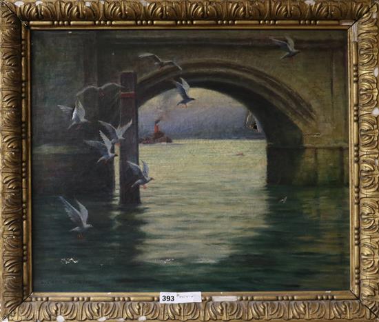 Leonard Carr Cox (fl. 1900-1909), oil on canvas, Thames Bridge scene, signed and dated 42, 49 x 60cm
